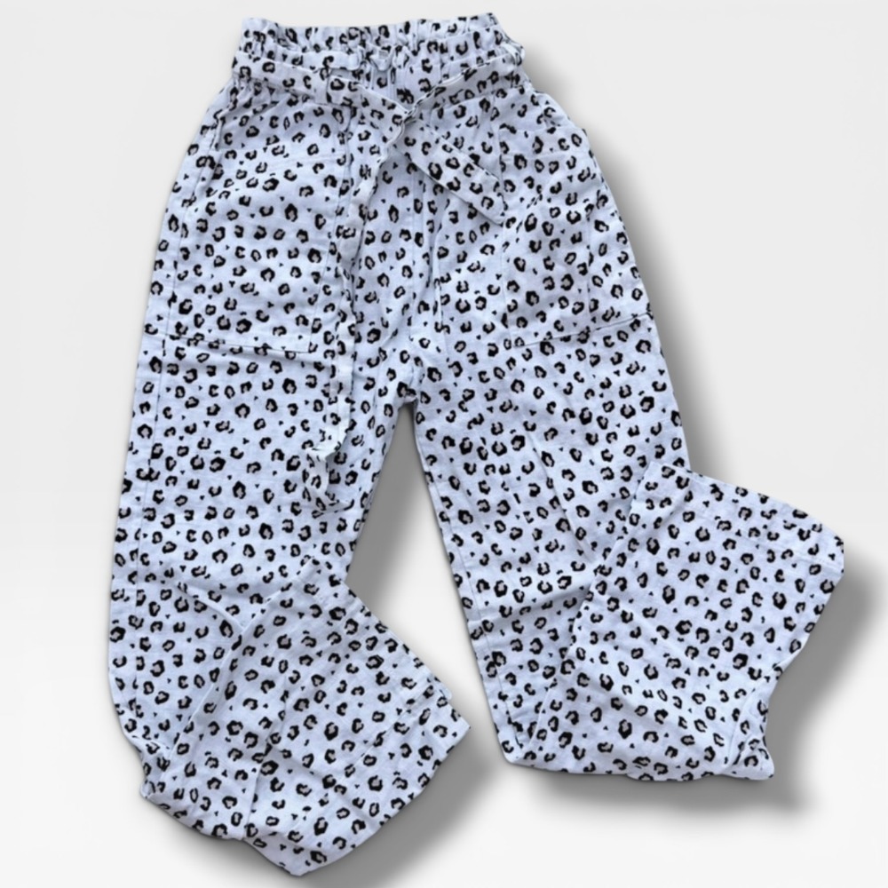 Jessica Simpson Girls Leopard Print Paperbag Waist Tie Belt Pants White Size 7